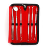 A red and black pouch containing a premium stainless steel dental care tool set for oral hygiene.