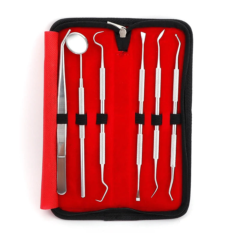 A red and black pouch containing a premium stainless steel dental care tool set for oral hygiene.