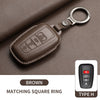 Brown genuine leather car key case cover with a matching square ring and Type H key fob