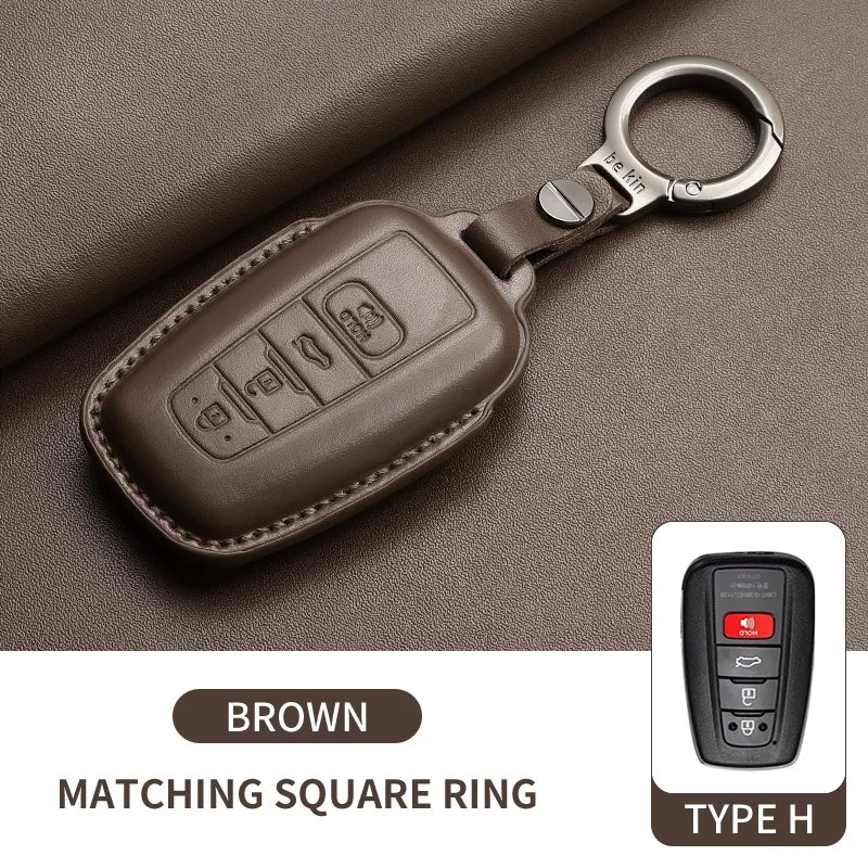 Brown genuine leather car key case cover with a matching square ring and Type H key fob