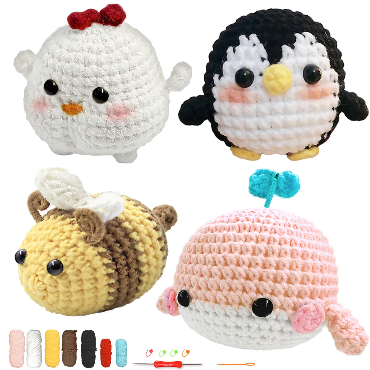 A set of four crocheted animal figures including a white chick, a black penguin, a yellow bear, and a pink octopus.