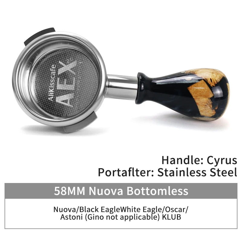 A stainless steel bottomless espresso portafilter with a black handle and a metal filter basket.