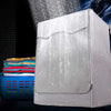 A white waterproof washing machine cover with a roll edge design is shown against a dark background.