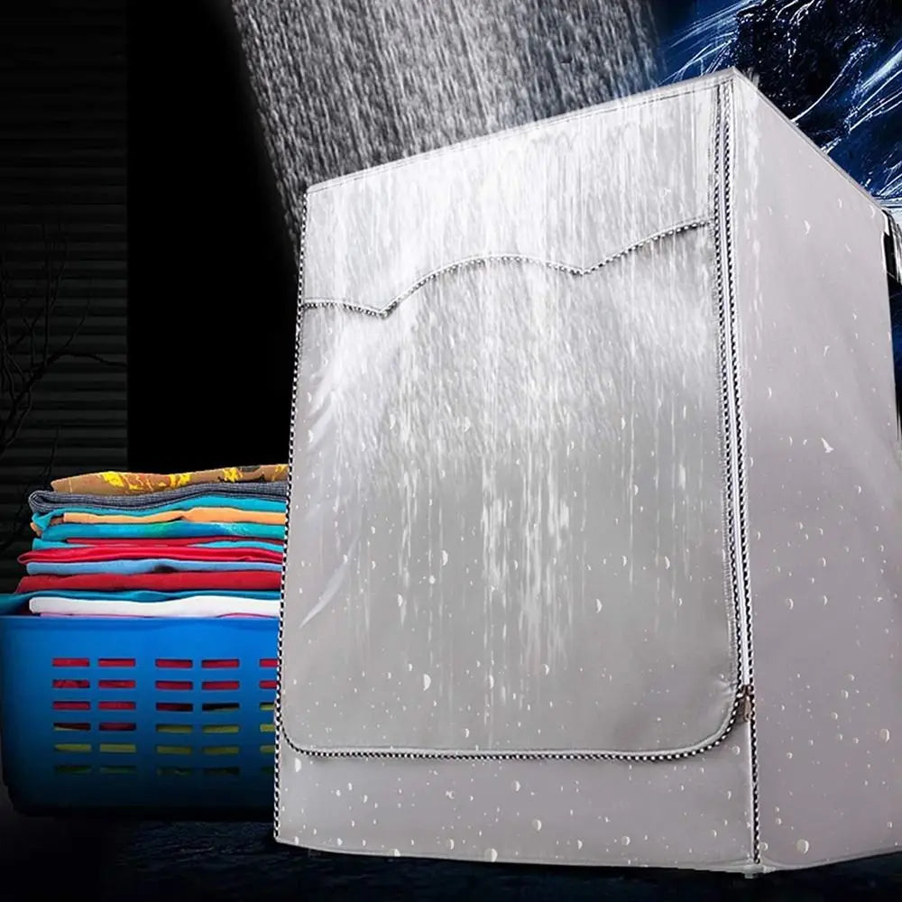 A white waterproof washing machine cover with a roll edge design is shown against a dark background.