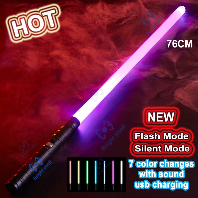 A glowing pink and purple lightsaber with a black hilt is shown against a red smoky background.