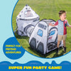 A child is playing with a gray rocket ship play tent set featuring a tunnel and cube tent in a grassy outdoor setting.
