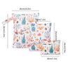 A set of reusable waterproof wet bags featuring a watercolor design of sea life and coral, displayed with dimensions.