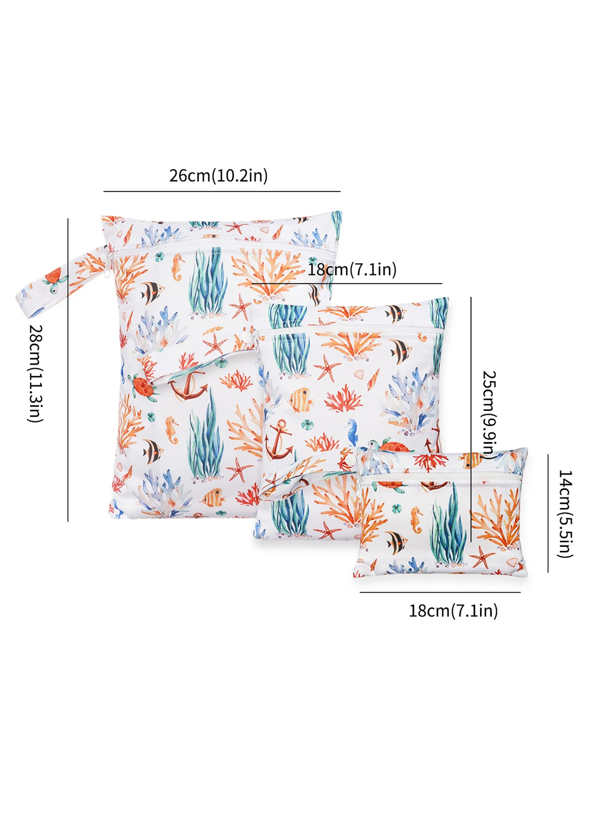 A set of reusable waterproof wet bags featuring a watercolor design of sea life and coral, displayed with dimensions.