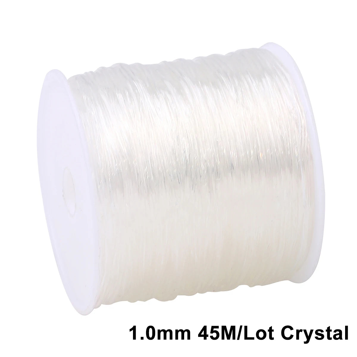 A spool of 1.0mm 45M Lot Crystal transparent elastic cord for jewelry making and beading.