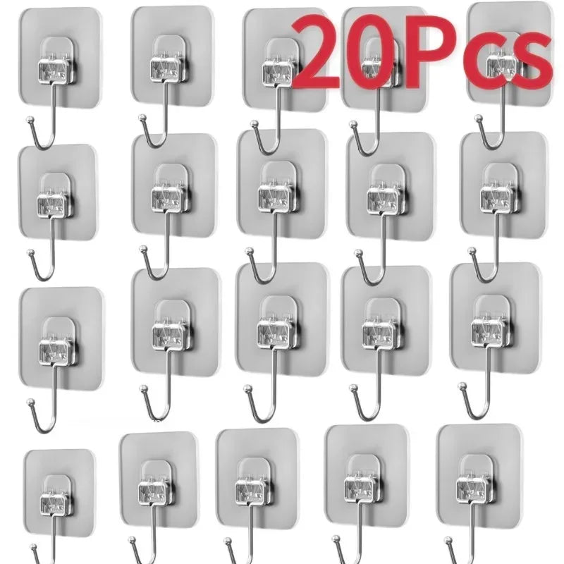 A set of 20 self-adhesive rotating wall hooks in silver finish for various storage uses.
