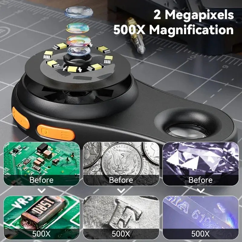 Portable 500X Digital Microscope with 2" IPS Screen