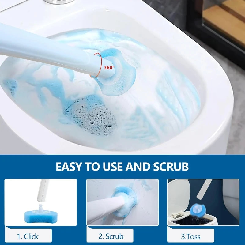 A disposable toilet brush refill is shown being used to scrub the inside of a toilet bowl with a blue cleaning solution.