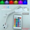 An RGB switch control system showing various colored lights and a remote control connected to an LED board.