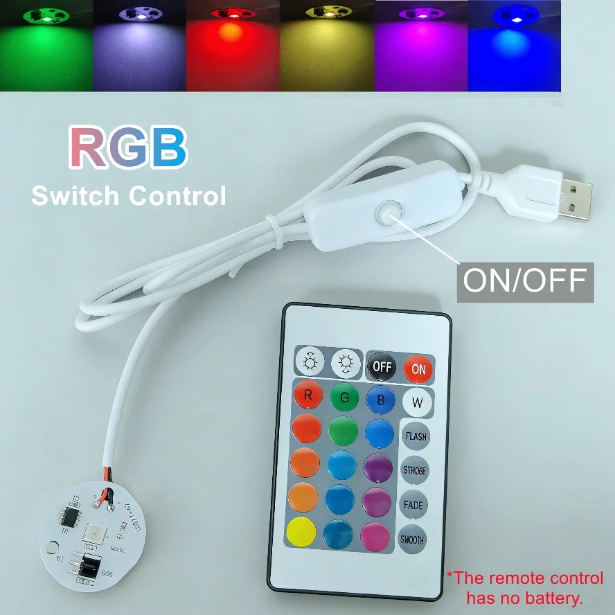 An RGB switch control system showing various colored lights and a remote control connected to an LED board.