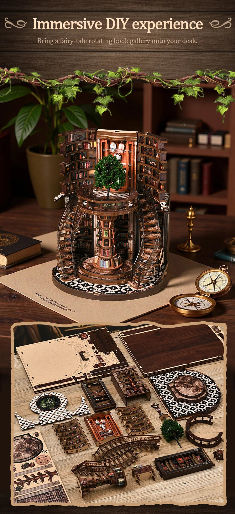 A detailed miniature DIY wooden book gallery on a stand, featuring bookshelves and a tree, displayed on a wooden surface.