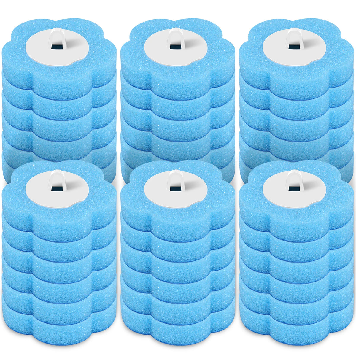 Un ensemble de têtes de brosse à WC bleues avec de longues poignées.