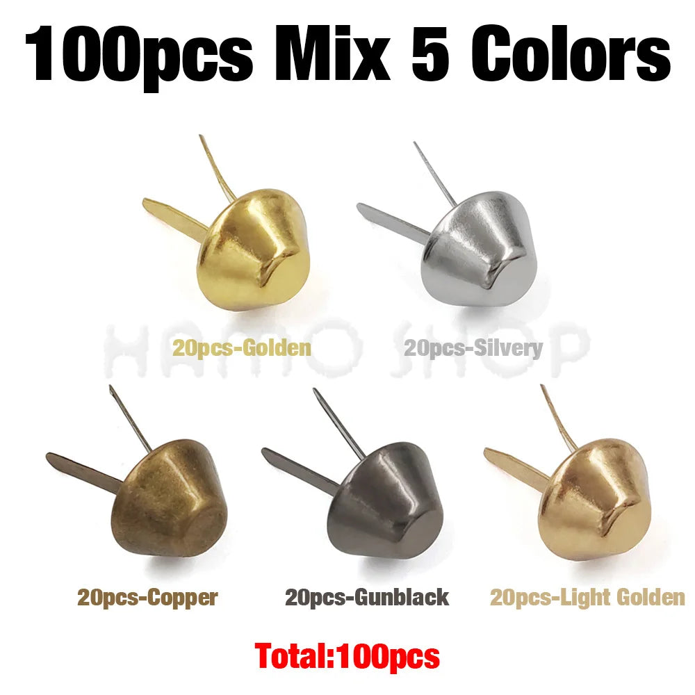 A collection of 100 metal bag bottom feet studs in five colors: Golden, Silvery, Copper, Gunblack, and Light Golden.