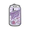 A silver enamel pin featuring the text ROMANTASY RUSH and a rose and sword design.
