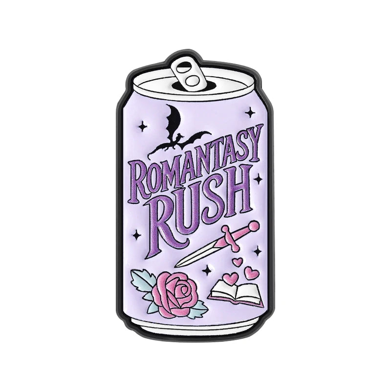 A silver enamel pin featuring the text ROMANTASY RUSH and a rose and sword design.