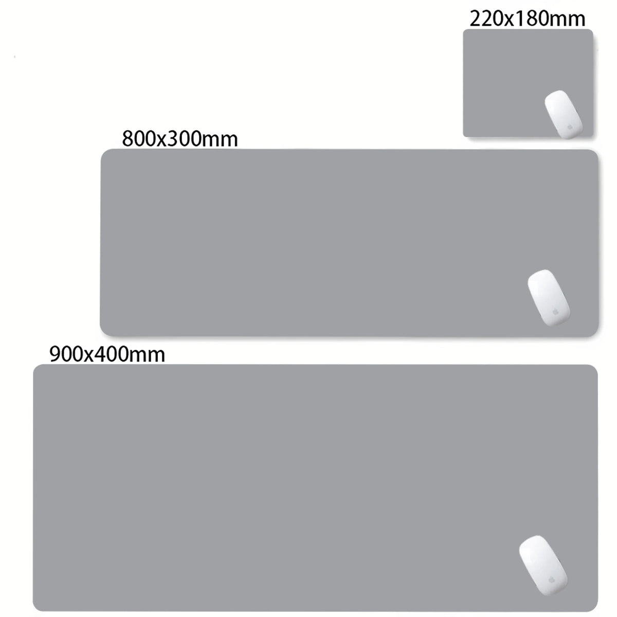 A set of oversized non-slip desk mats in gray, showing different sizes and a white mouse icon.