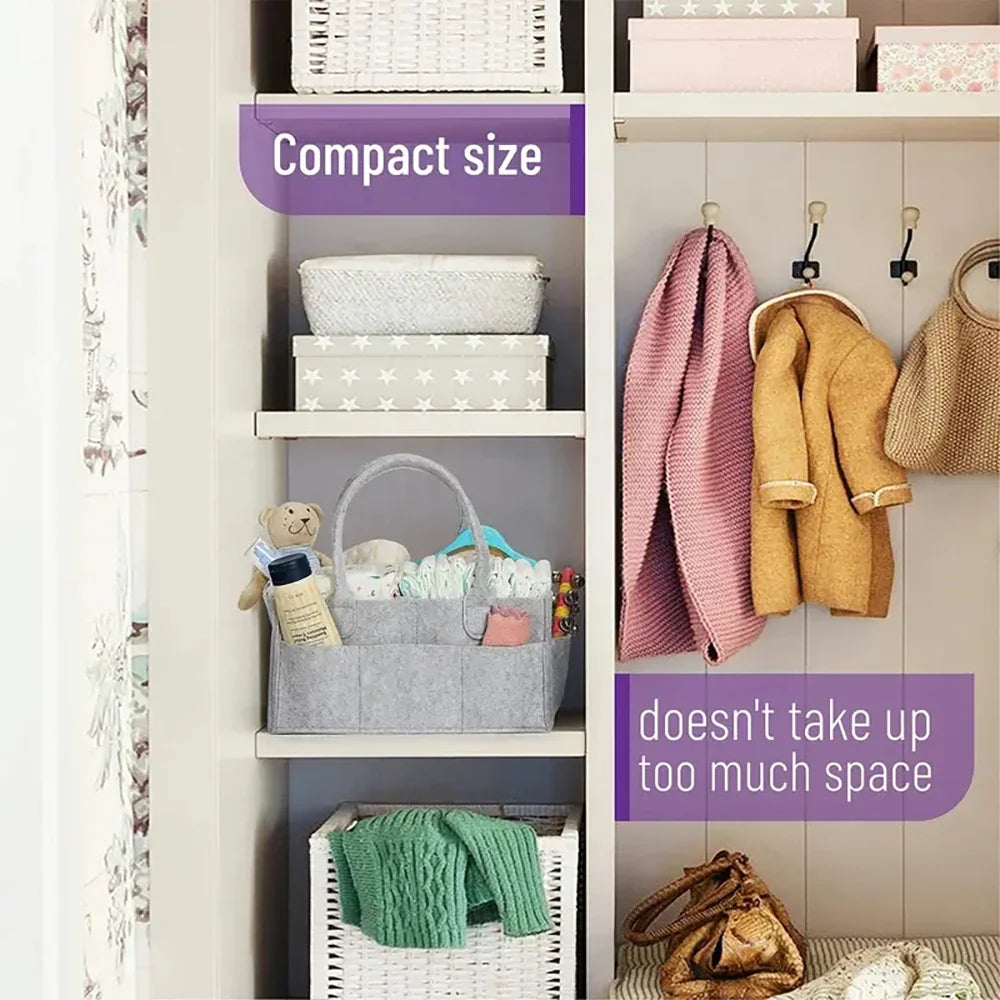 A storage organizer with multiple compartments for diapers and baby items, featuring canvas and fabric storage.