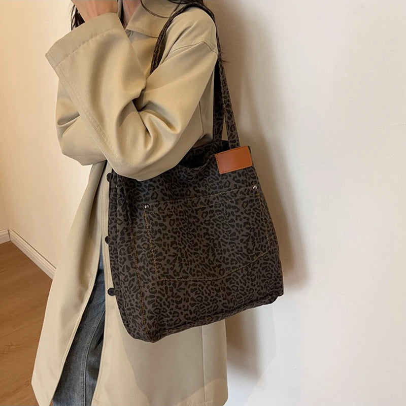 Vintage Leopard Print Canvas Tote Bag