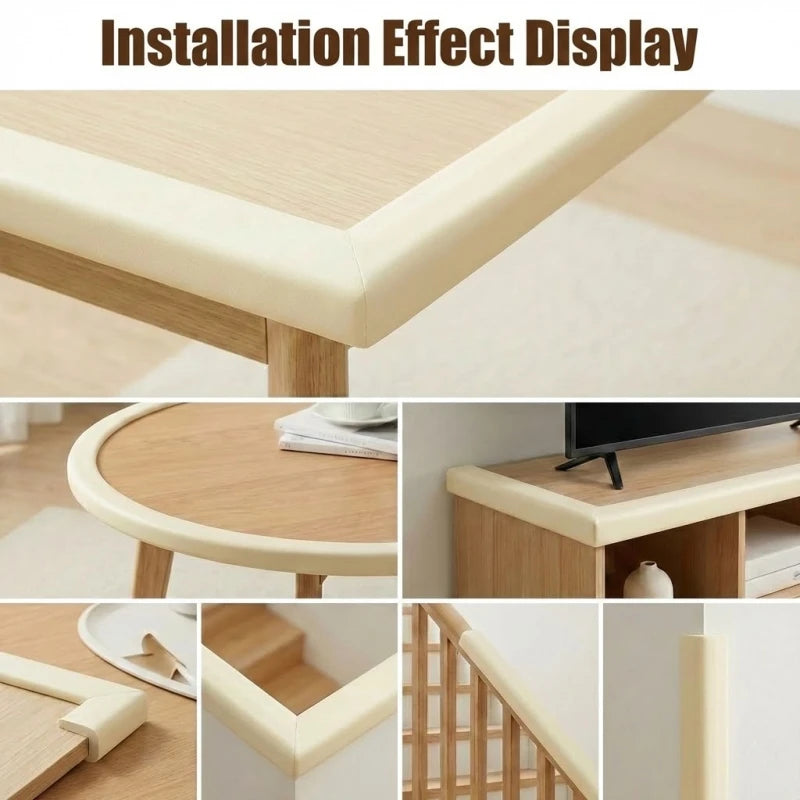 Close-up view of soft NBR table edge and corner guard bumper strips used for installation effect display on a wooden surface.