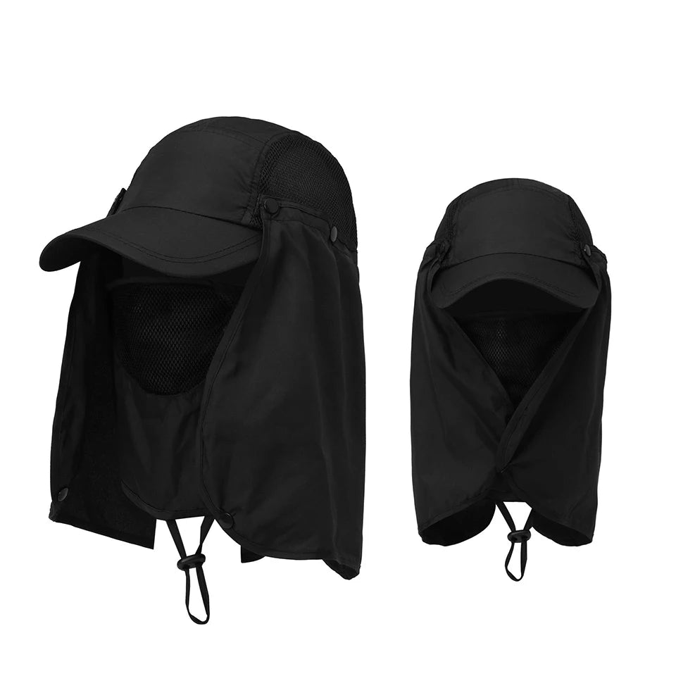 Black UPF 50+ breathable wide brim sun hat shown in a folded and unfolded view