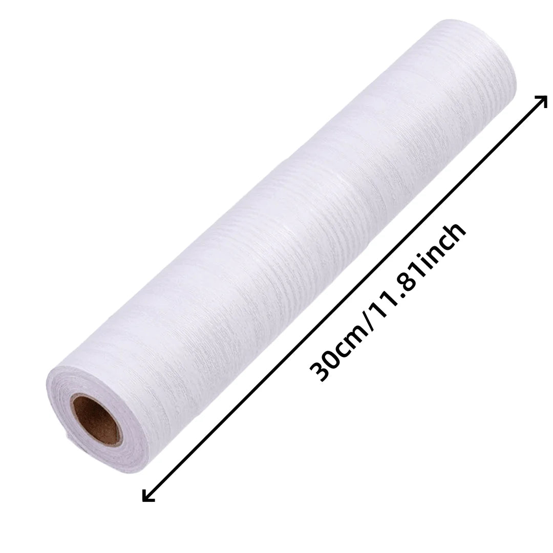 Roll of white self-adhesive wood grain cabinet and furniture refacing film measuring 30cm or 11.81 inches.