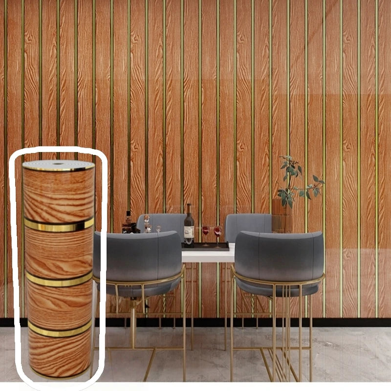 Peel and Stick Wood Slat Wallpaper with Gold Trim