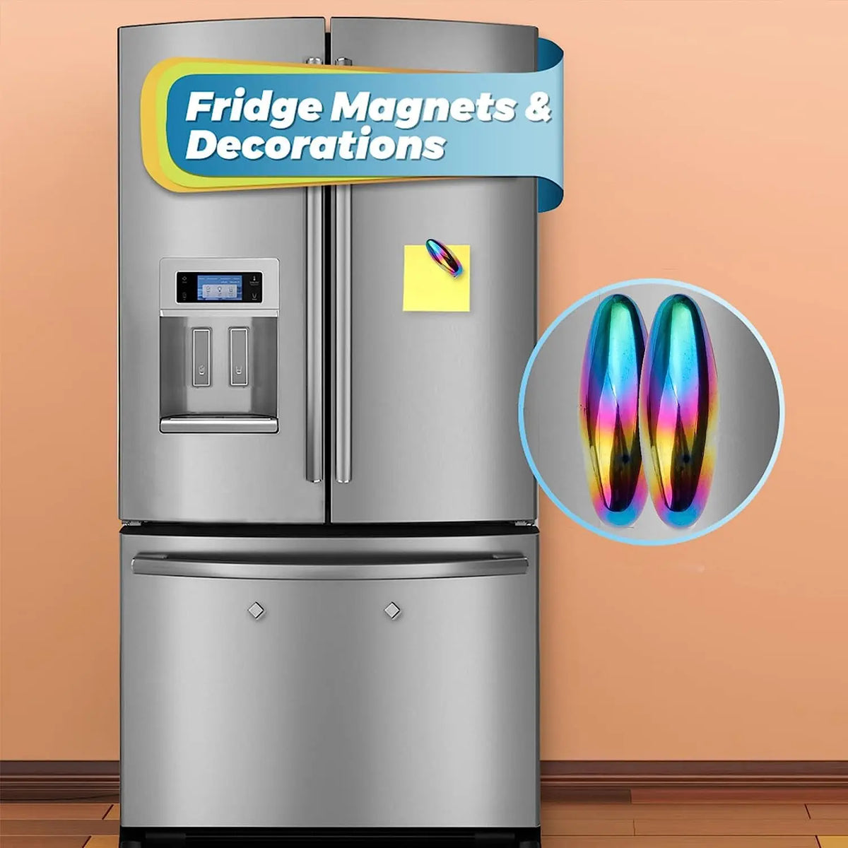 A silver refrigerator door features magnets and decorations, including a fidget ball and a yellow note.