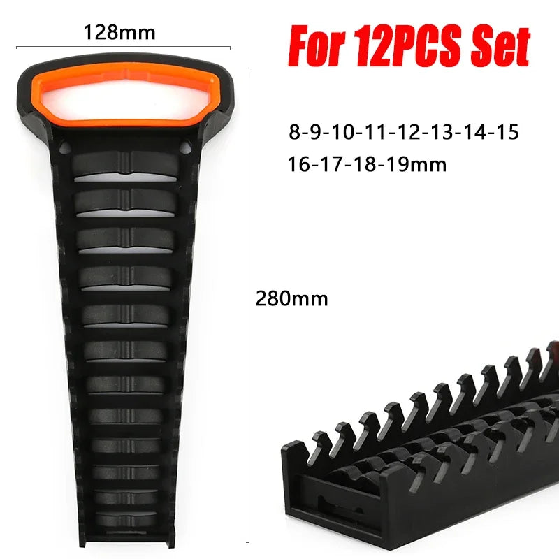 Black heavy-duty wrench organizer tray with various sized wrench inserts for workshop storage