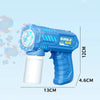 A blue bubble gun with a clear tank and colorful lights is shown against a light blue background.