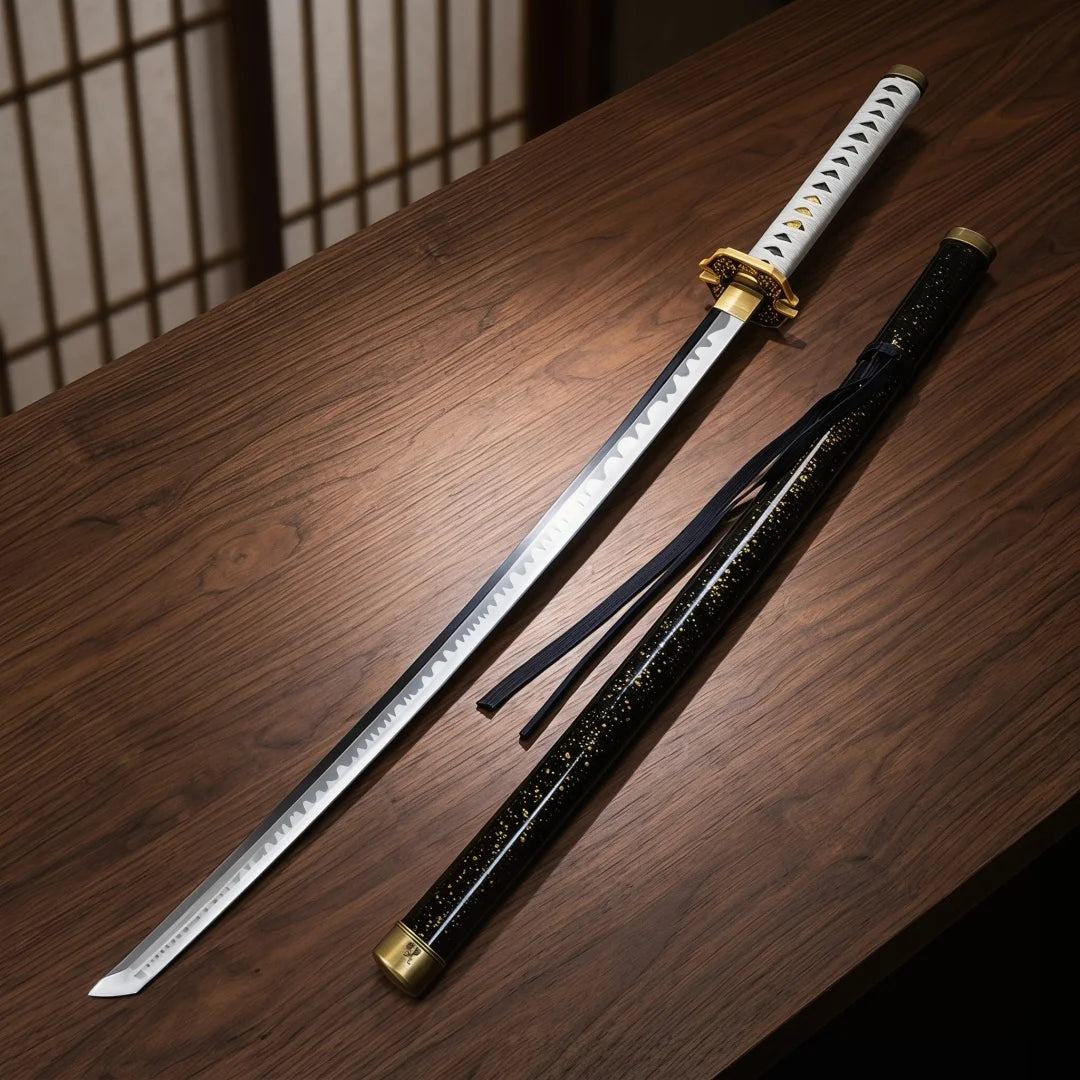 A replica Yamato sword, resembling Vergil's katana from Devil May Cry 5, rests on a wooden surface.