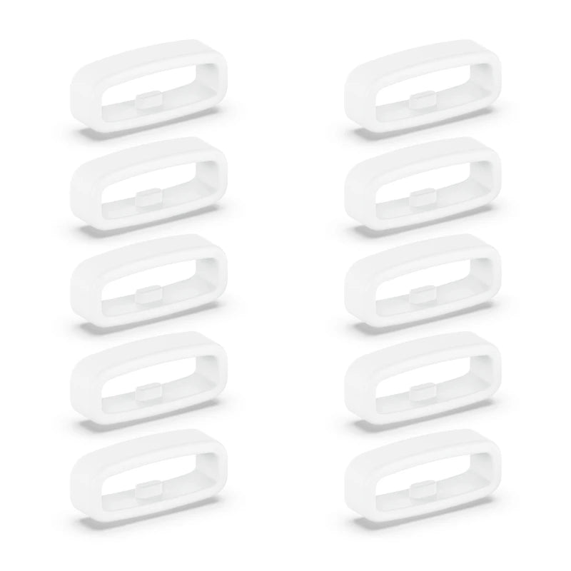 A set of ten white silicone watch strap retainers shown in a row.