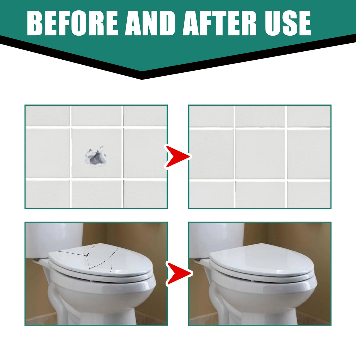 Before and after comparison showing tile repair paste fixing cracks in a white ceramic surface.