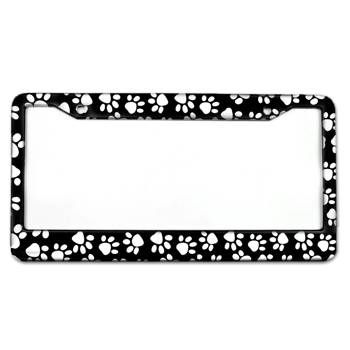 Black and white paw print license plate frame for a car tag holder