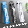 Three clear and blue reusable push clamp staplers shown with various sizes and a set of replacement staples.