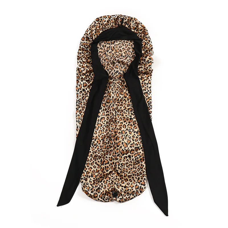 Extra large satin sleep bonnet with a leopard print fabric and black tie