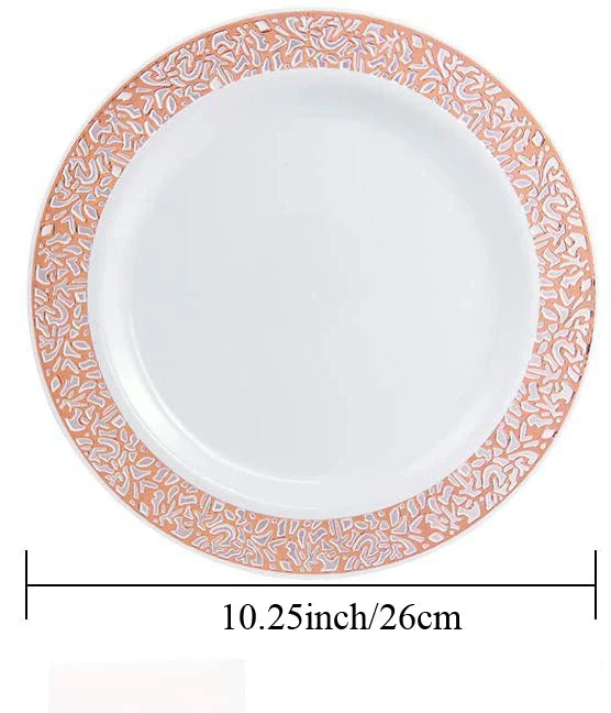 Elegant White Disposable Dinner Plates with Silver Lace Design