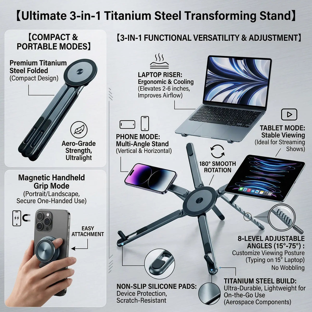 A set of three magnetic stands for a laptop, phone, and tablet demonstrating versatile viewing angles.
