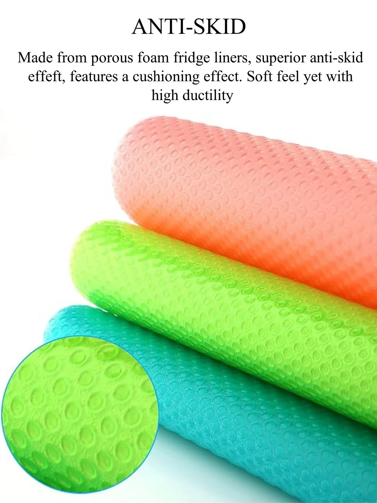 A stack of four colorful porous foam anti-skid fridge liner rolls in pink, orange, lime green, and blue.