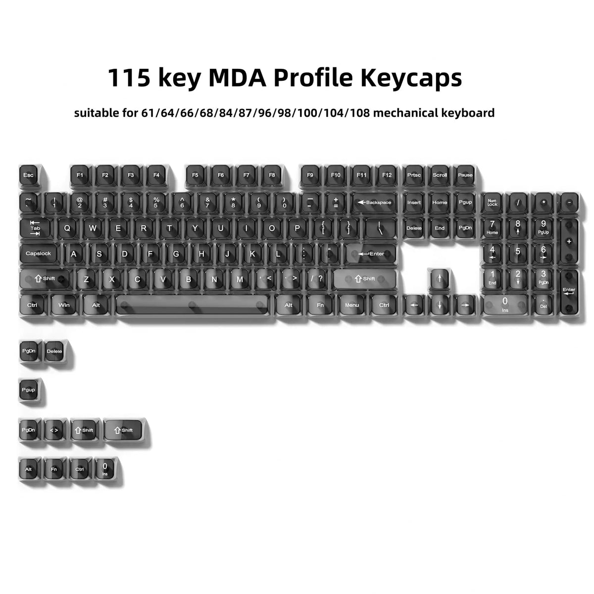 A set of 115 keycaps for a mechanical keyboard featuring an MDA profile.