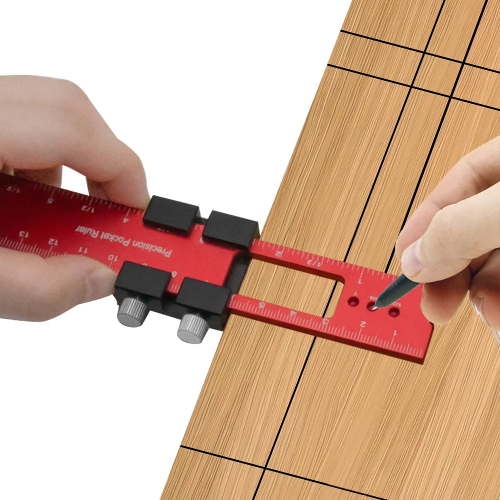 A hand uses an aluminum pocket ruler with a T-track slide stop to measure a wooden surface.