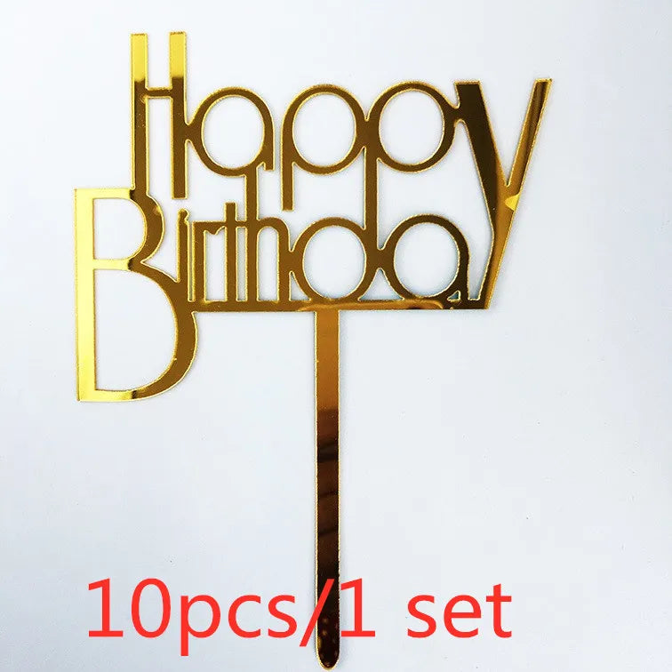 Gold Acrylic Happy Birthday Cake Toppers (Set of 10)