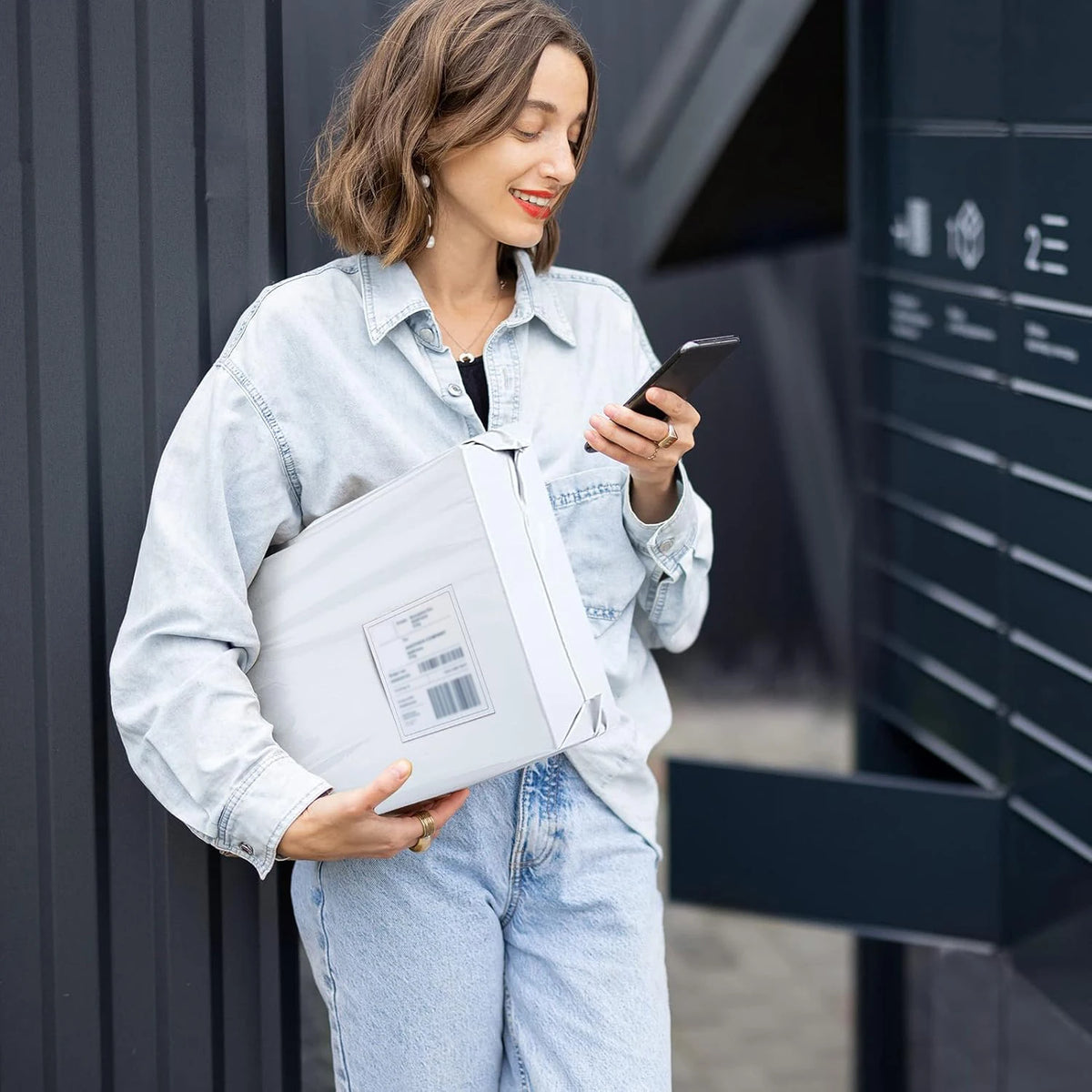 A woman in a denim shirt holds a white poly mailer box and looks at her smartphone.