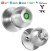 A silver fingerprint door lock with a green sensor and a YFK logo is shown.