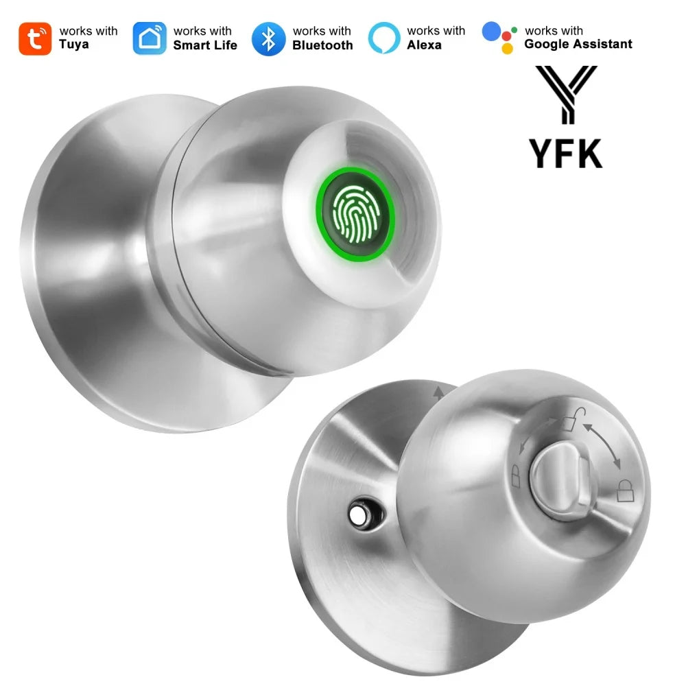 A silver fingerprint door lock with a green sensor and a YFK logo is shown.