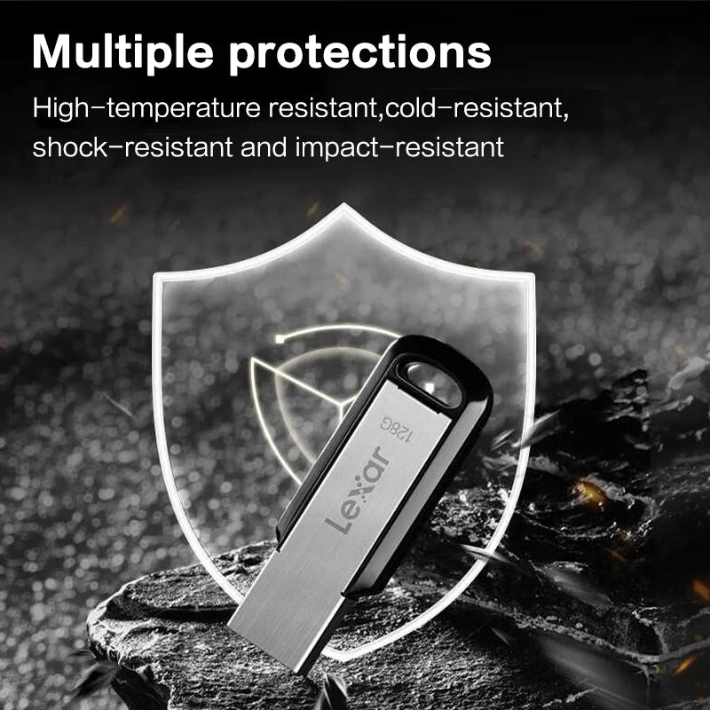 A Lexar M400 USB 3.2 flash drive is shown inside a protective shield against a dark, textured background.