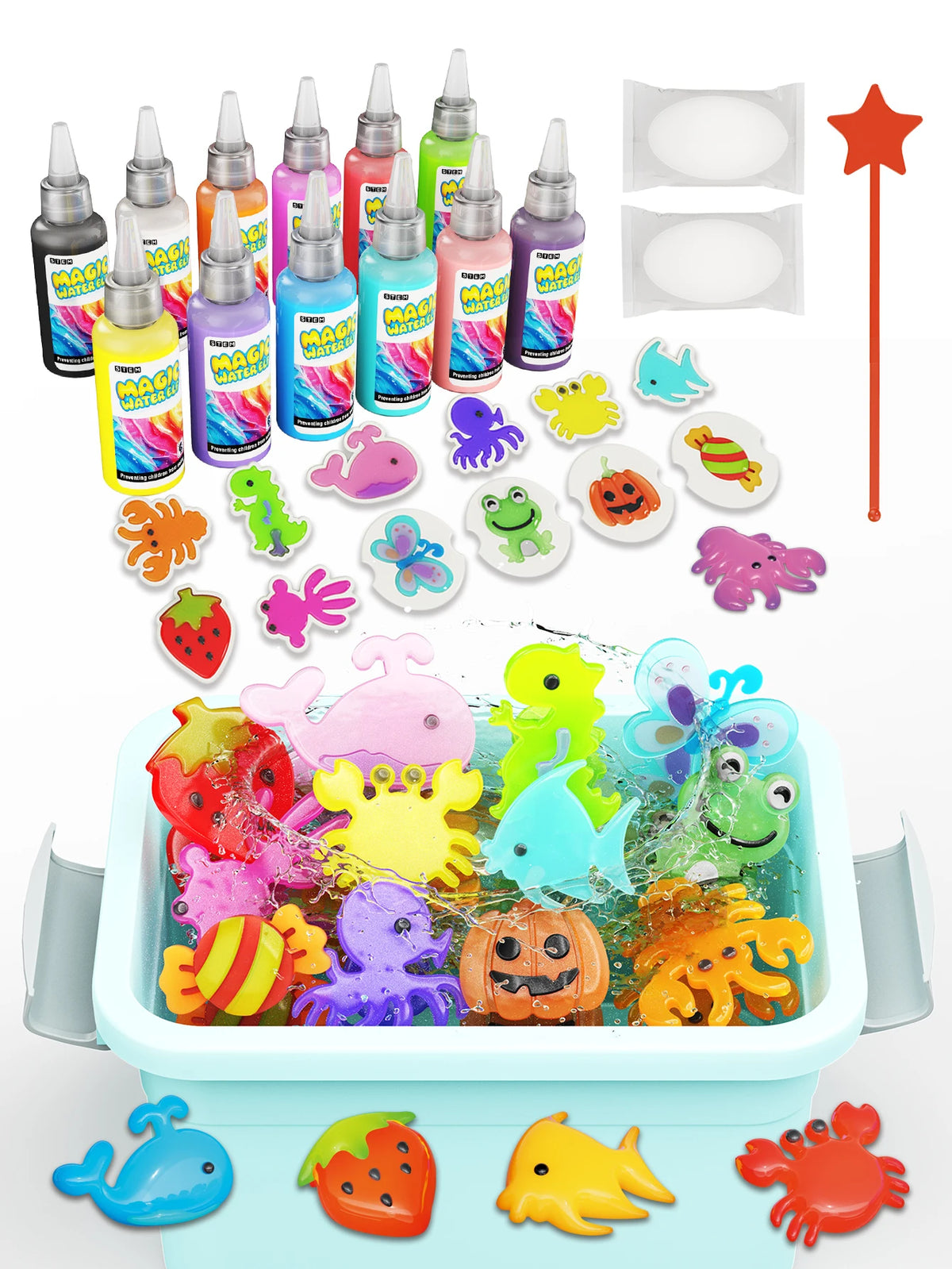 A DIY 3D water elf science kit with graffiti painting for kids showing various colorful components and tools.